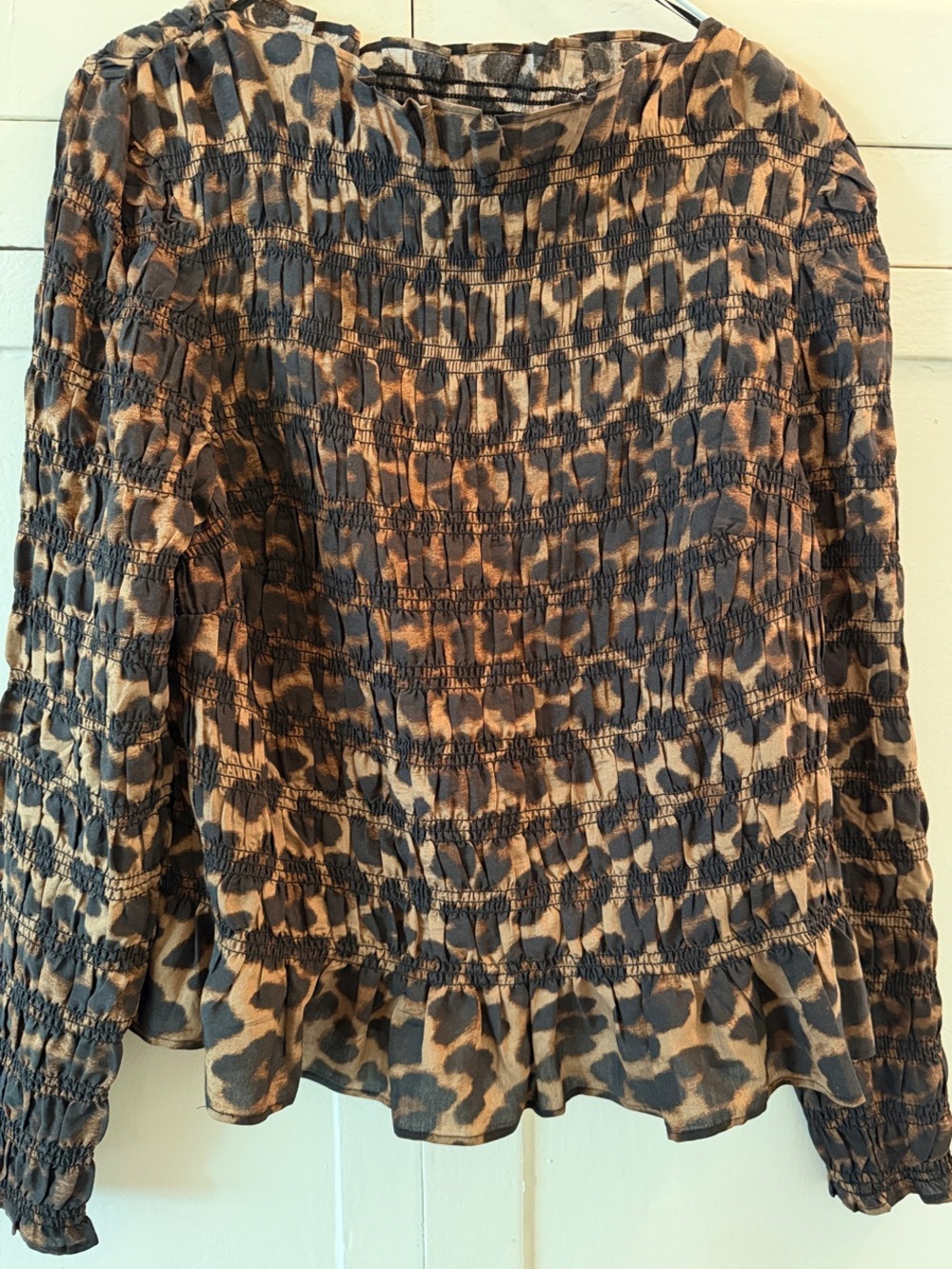 H&M Smocked Leopard-Print Blouse in Tan and Black